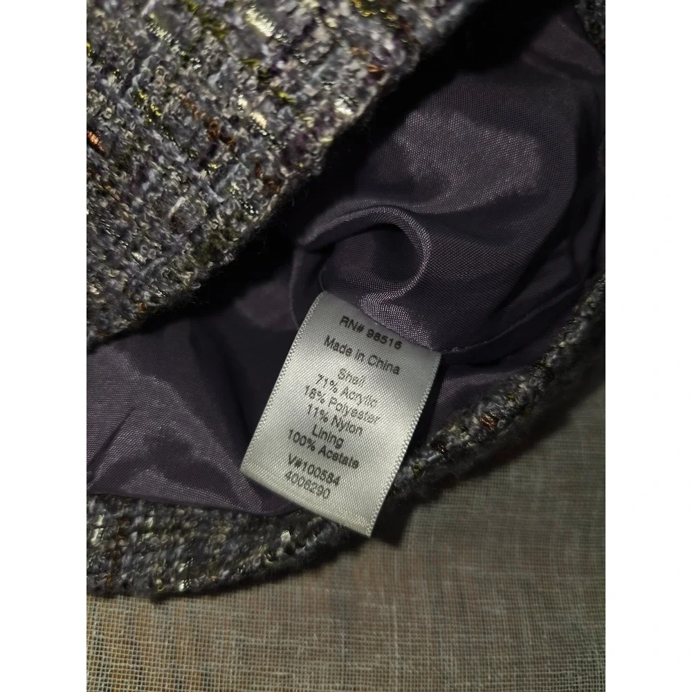 Coldwater Creek Shaped Purple Tweed Blazer Jacket Mock Neck Metallic Size 10